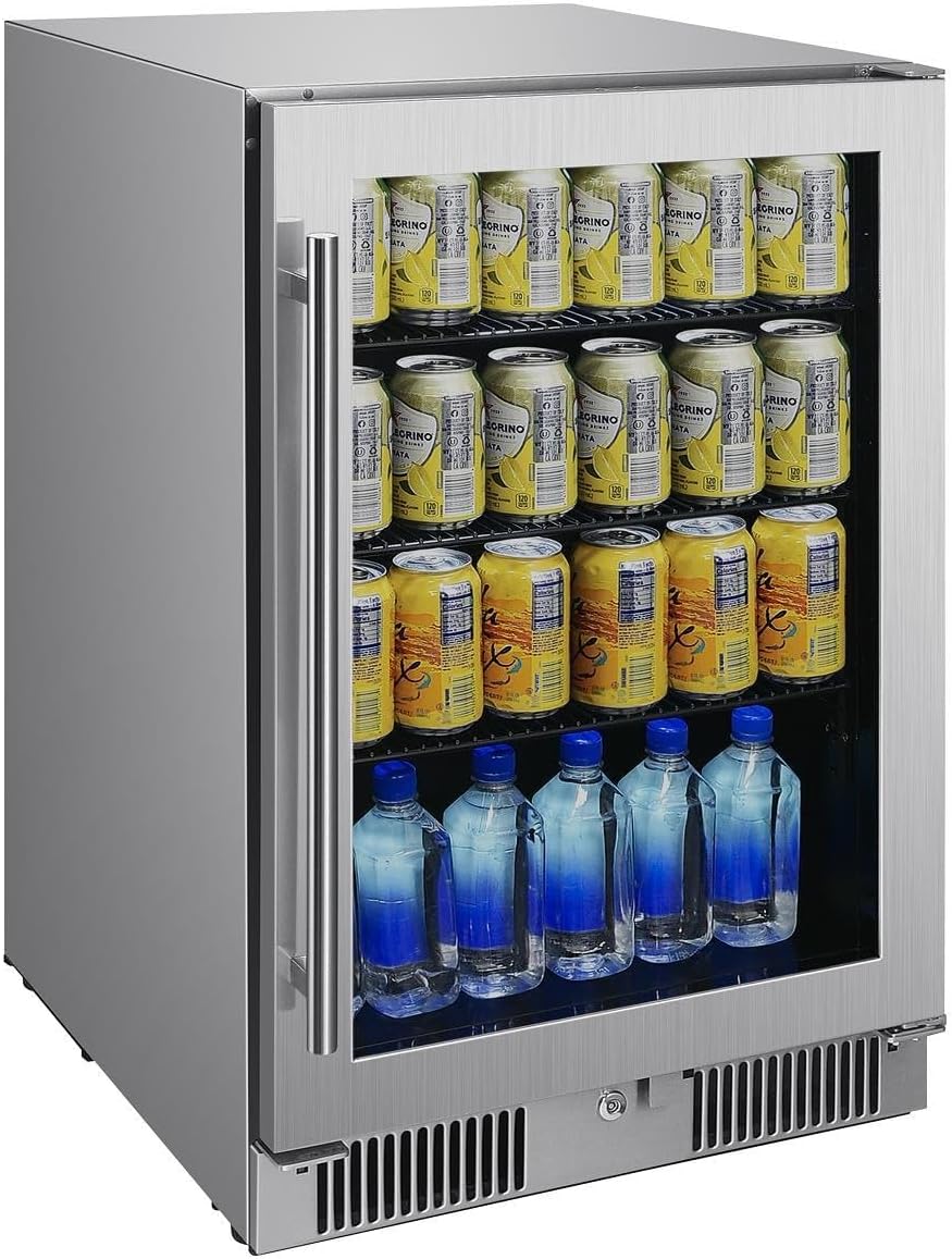 Blaze 20-Inch 4.5 Cubic Feet Outdoor Rated Beverage Cooler with Lock, Reversible Glass Door, Digital Thermostat, and Stainless Steel Exterior Finish - BLZ-GDBEV20-4.5