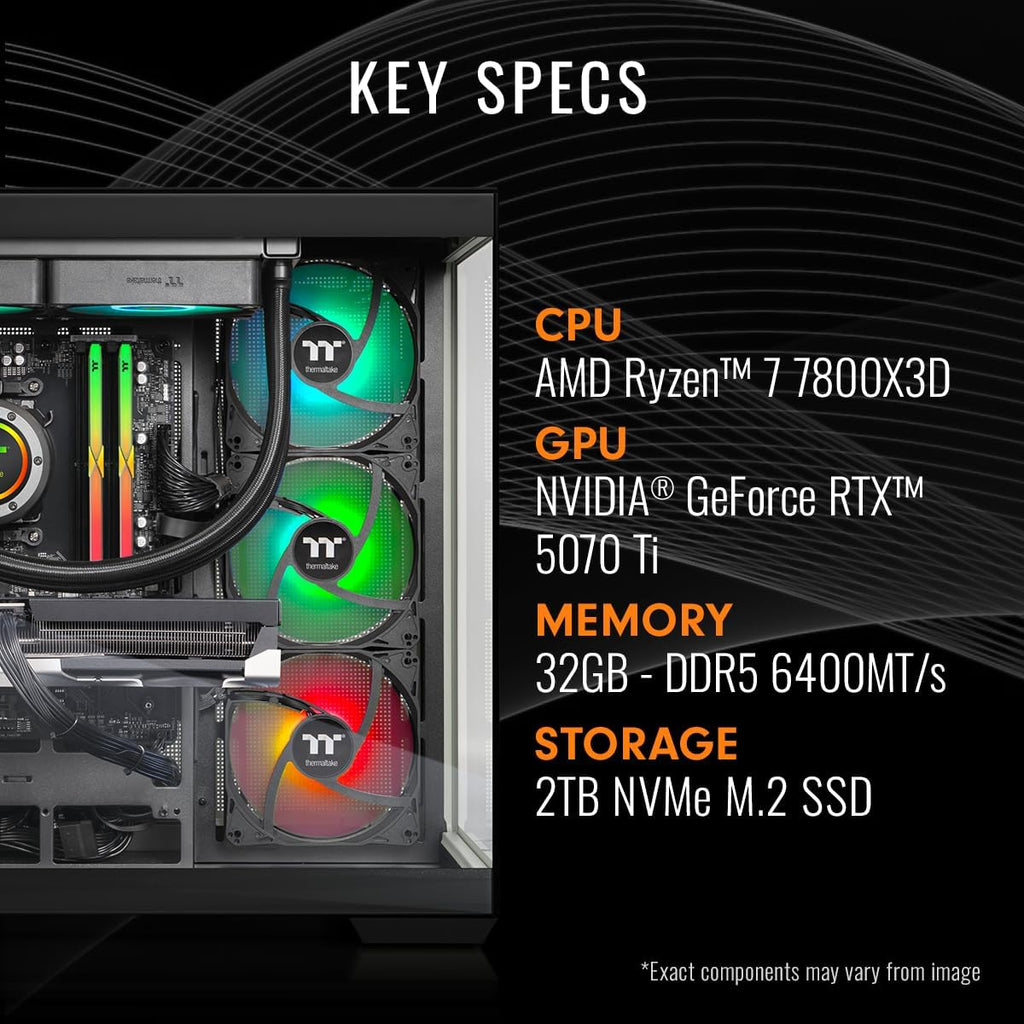 Thermaltake LCGS View 7870T-380 Gaming Desktop (AMD Ryzen™ 7 7800X3D, ToughRam 32GB DDR5 6400MT/s RGB Memory, NVIDIA® GeForce RTX™ 5070 Ti, 2TB NVMe M.2, WiFi, Windows 11) V38B-B850-57T-LCS