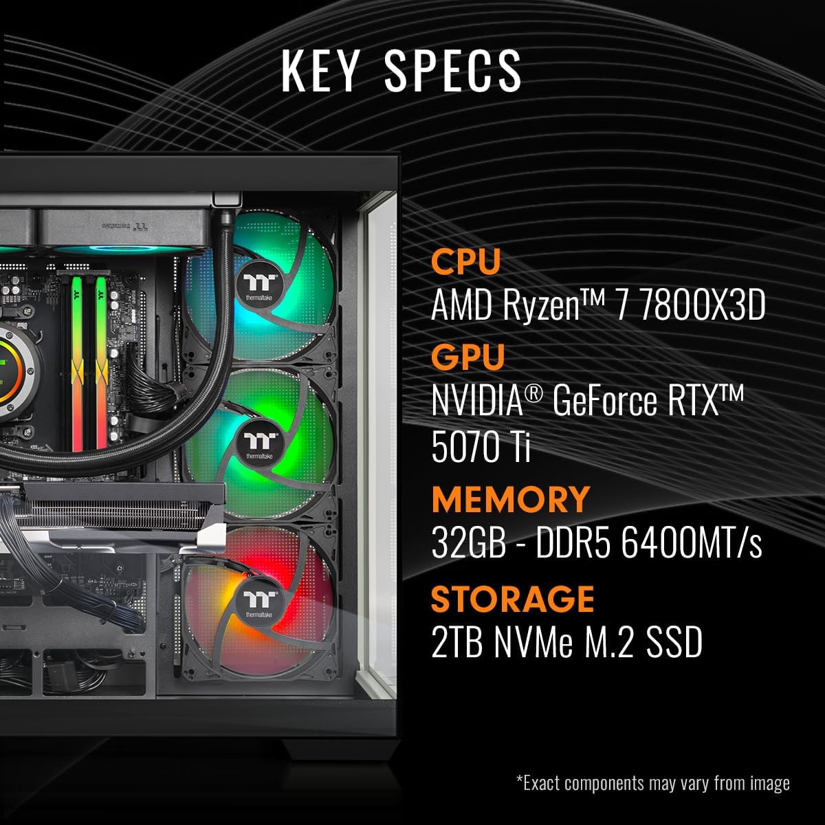 Thermaltake LCGS View 7870T-380 Gaming Desktop (AMD Ryzen™ 7 7800X3D, ToughRam 32GB DDR5 6400MT/s RGB Memory, NVIDIA® GeForce RTX™ 5070 Ti, 2TB NVMe M.2, WiFi, Windows 11) V38B-B850-57T-LCS