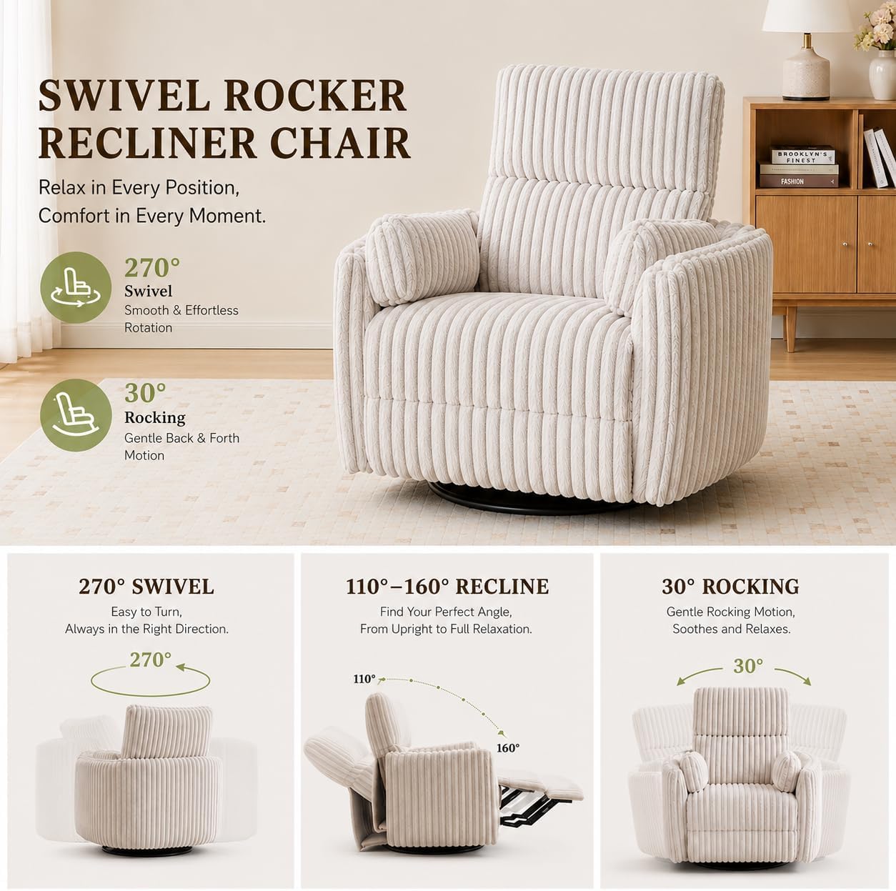 Power Nursery Rocking Chair Swivel Glider Reclining Chair with 2 Pillows, Nursery Glider Rocking Recliner with Type-C & USB Charger Port, Corduroy Upholstery Armchair for Living Room/ Off-White