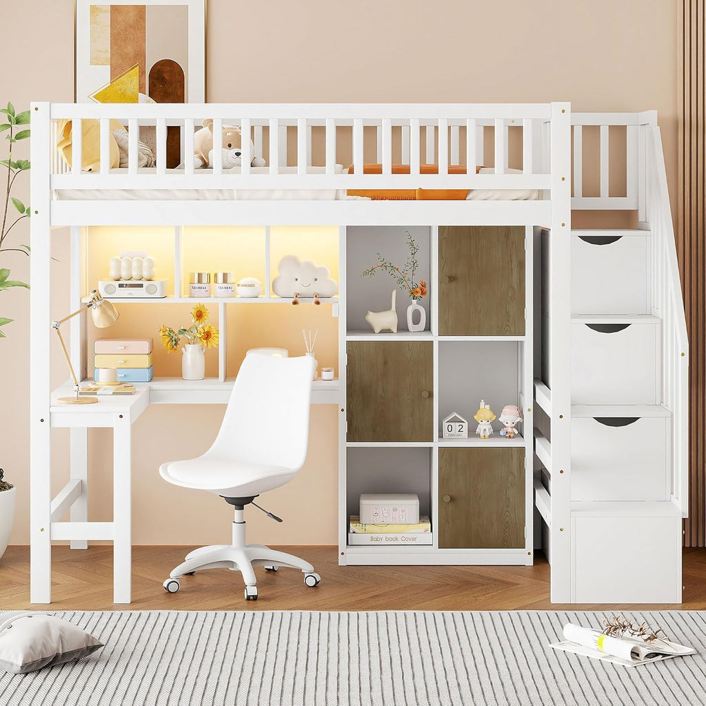 MERITLINE Twin Loft Bed with L-Shaped Desk and Storage Stairs &LED Lights, Solid Wood High Loft Bed with Stairs and Storage Shelves &Cabinets for Teens Adults,Bedroom, Dormitory (White)