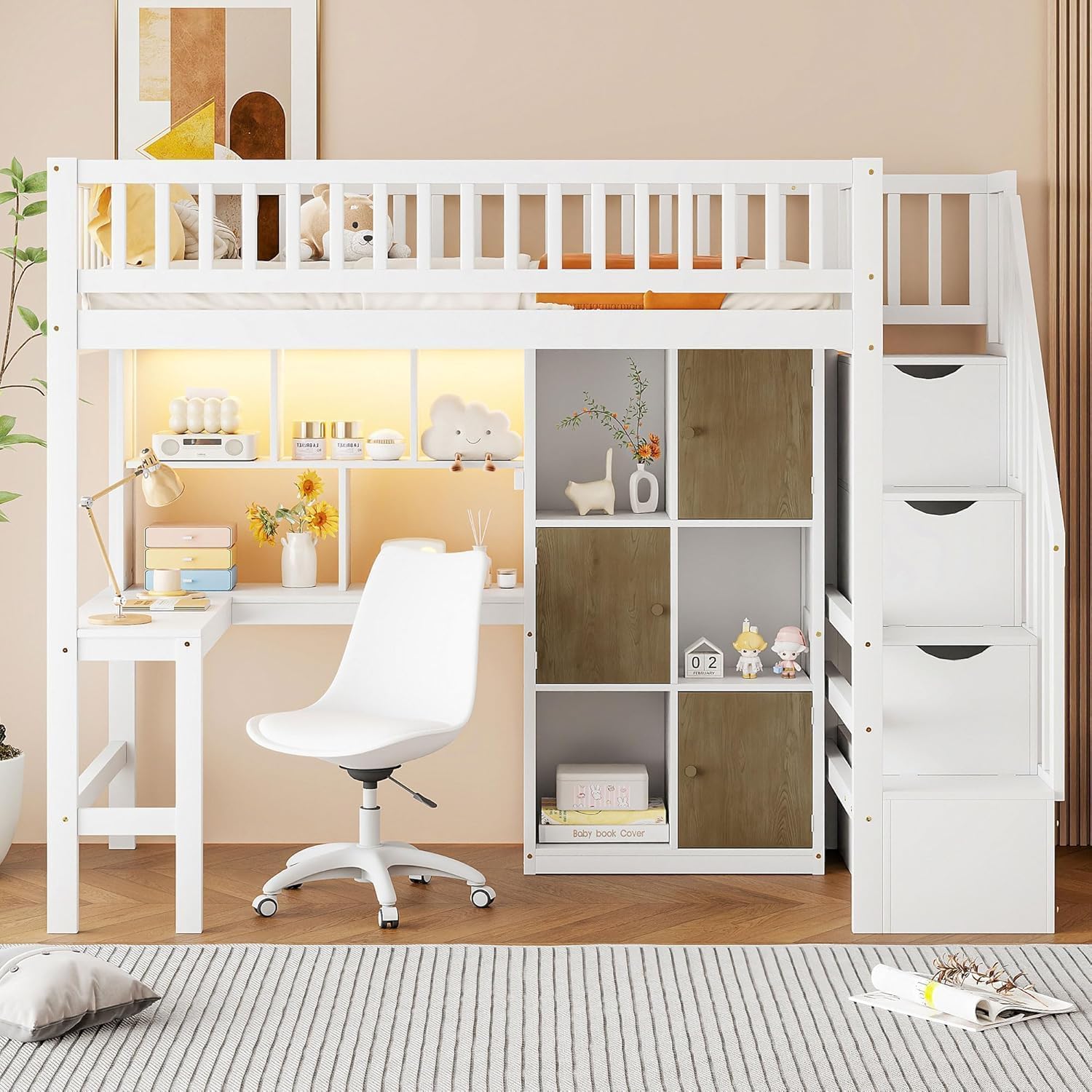 MERITLINE Twin Loft Bed with L-Shaped Desk and Storage Stairs &LED Lights, Solid Wood High Loft Bed with Stairs and Storage Shelves &Cabinets for Teens Adults,Bedroom, Dormitory (White)