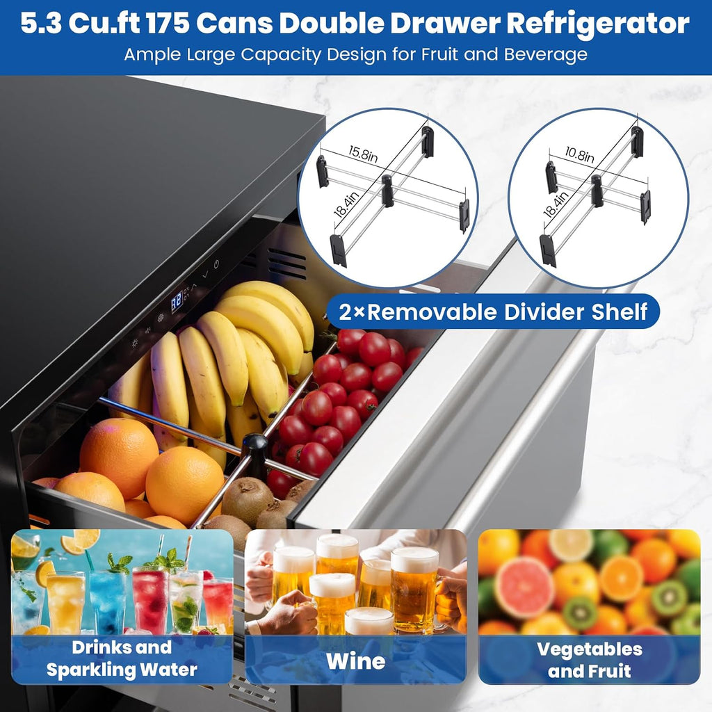 24 Inch Beverage Refrigerator, Under Counter Double Drawer Fridge for Drink Soda Beer, 37-64°F, Freestanding/Built-in Stainless Steel Beverage Cooler for Home Outdoor Commercial Use