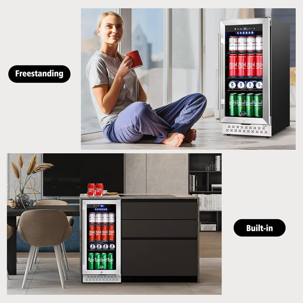 Tylza 15 Inch Beverage Refrigerator, 130 Cans Quiet Beverage Fridge, 15'' Beverage Cooler Under Counter with Glass Door and Lock for Built-in or Freestanding With Temperature Memory Function TYBC100