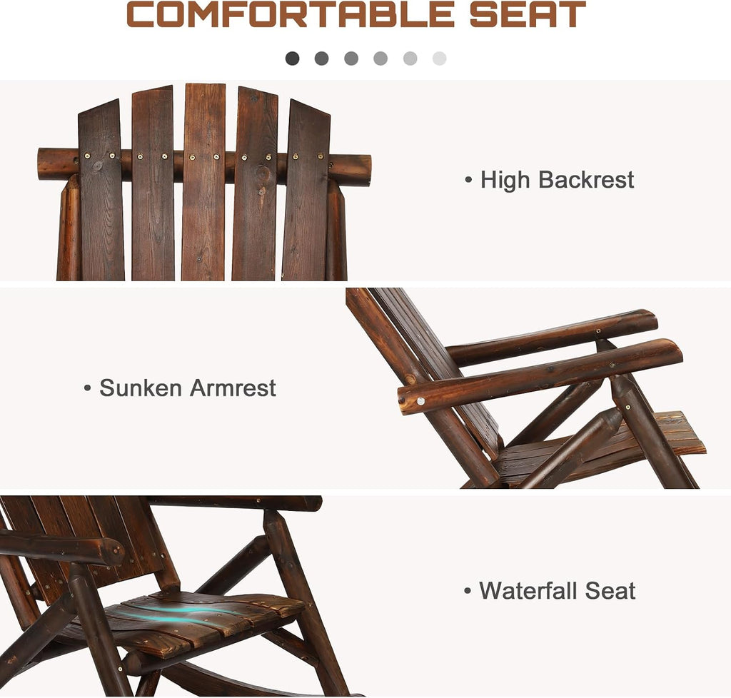 HOMEDIARY Wooden Adirondack Rocking Chair, Patio Log Rocker Outdoor Lounge Chair with Slatted Wooden Design, High Fanned Back & Classic Rustic Style for Garden Patio Backyard Porch, Carbonized