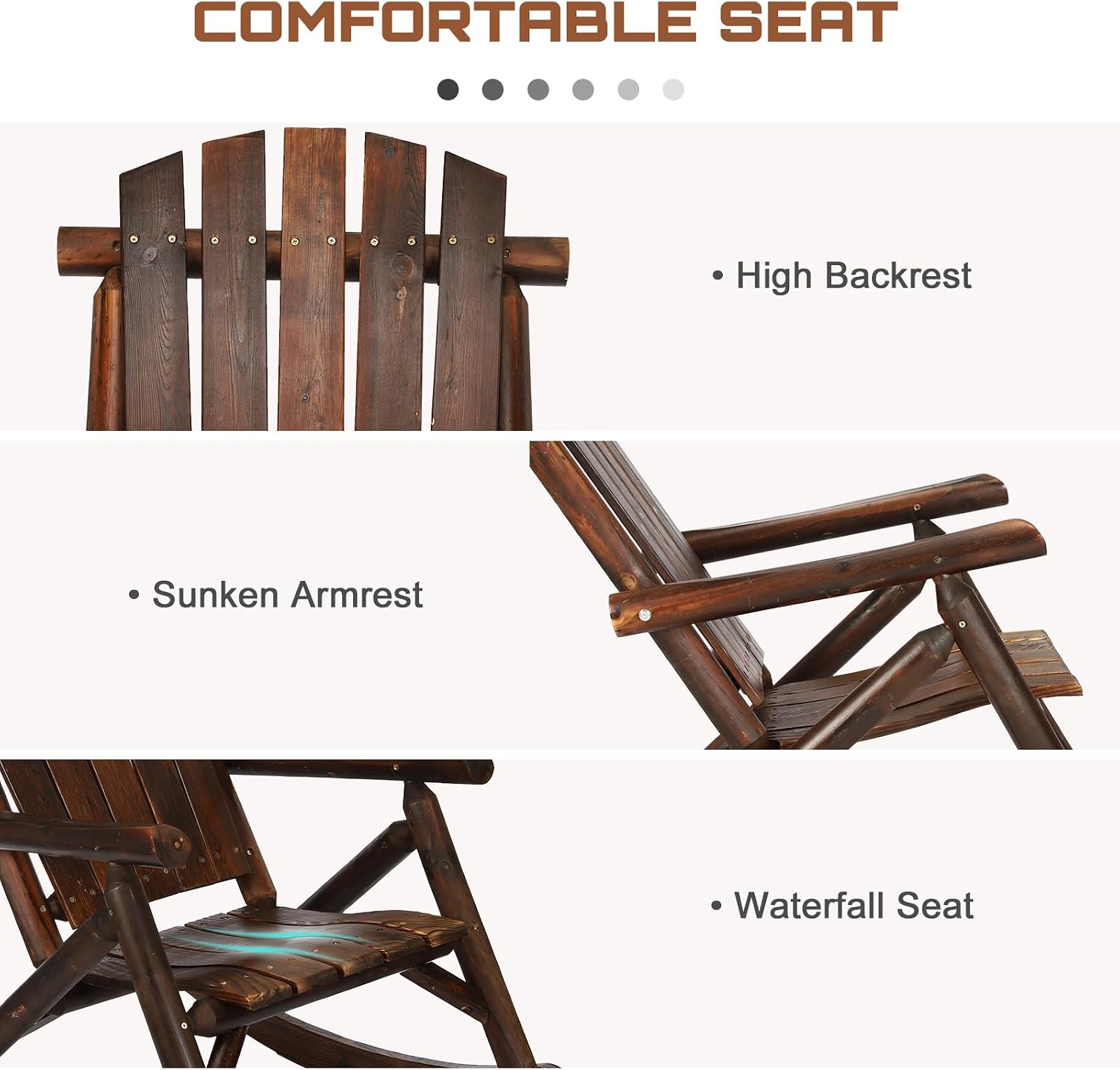 HOMEDIARY Wooden Adirondack Rocking Chair, Patio Log Rocker Outdoor Lounge Chair with Slatted Wooden Design, High Fanned Back & Classic Rustic Style for Garden Patio Backyard Porch, Carbonized