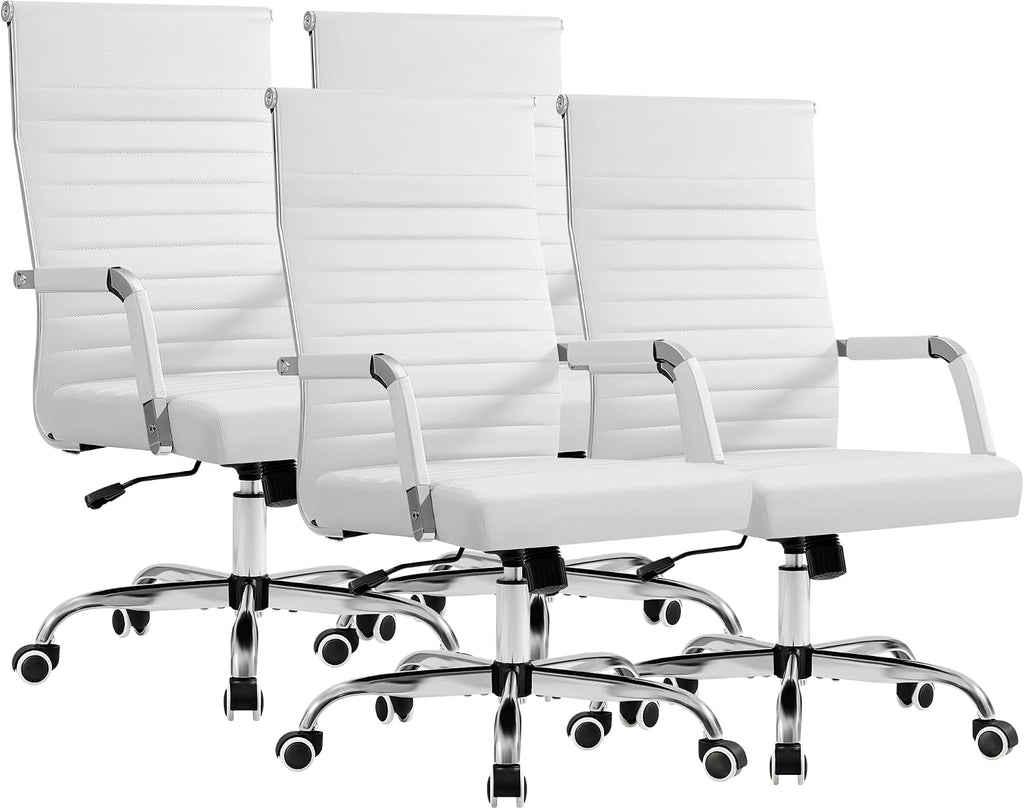 Furmax Ergonomic Office Desk Chair, Executive Ribbed Mid-Back PU Leather Conference Room Chair Adjustable Swivel Chair with Arms (4, White)