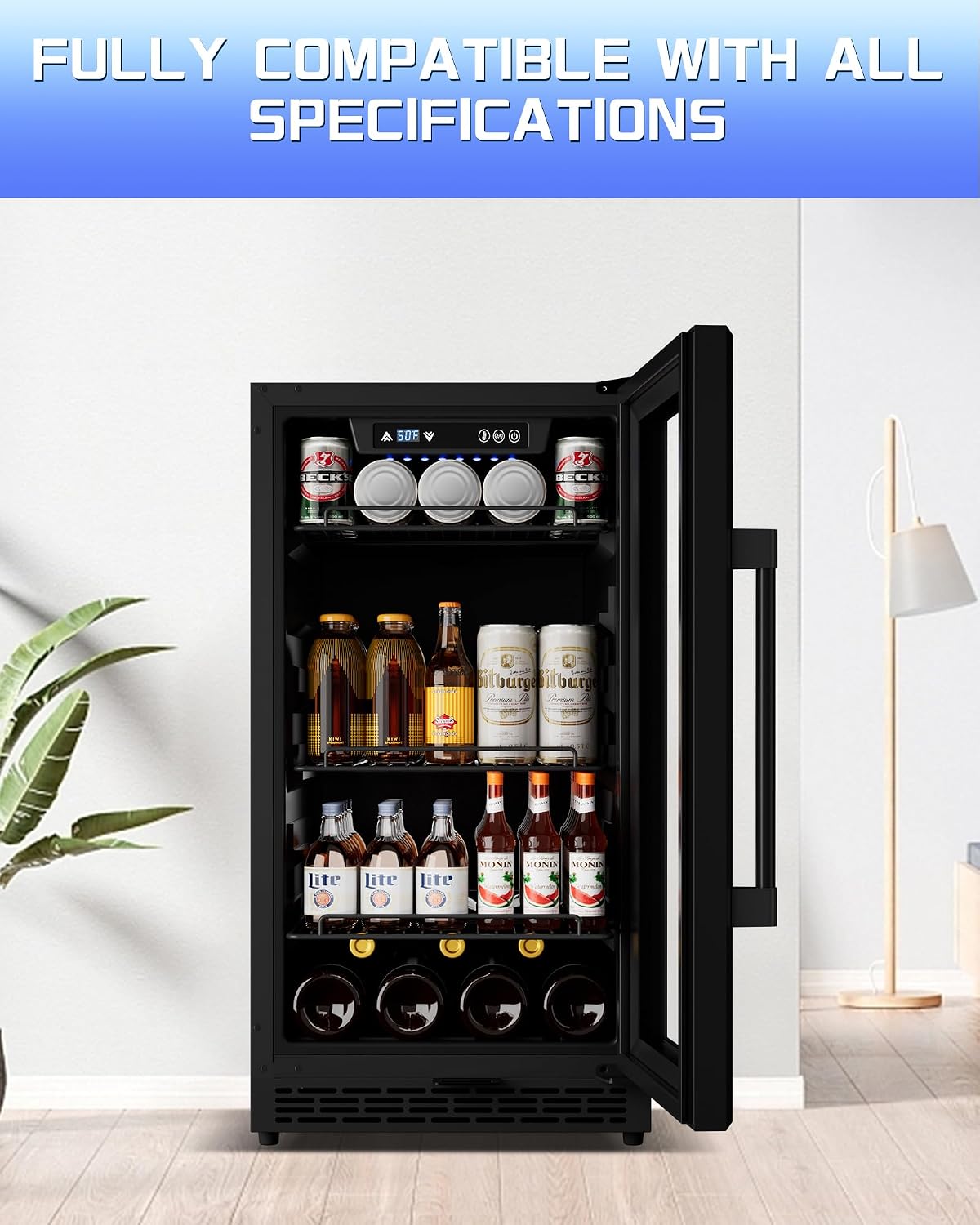 18'' Beverage Refrigerator, 160-Can Built-in or Freestanding Beverage Cooler with Four Adjustable Leveling Feet and Adjustable Shelves for Soda, Beer, Water, and Wine – Perfect for Home, Office, or Ba