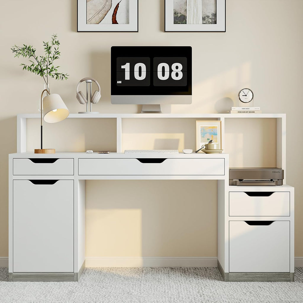 MaverickFurni Computer Desk with 4 Drawer & Storage Shelves, 58' White Office Desk with File Drawer & Cabinet, Small Study Desk with Monitor Stand & Printer Shelf for Bedroom, Small Spaces, White