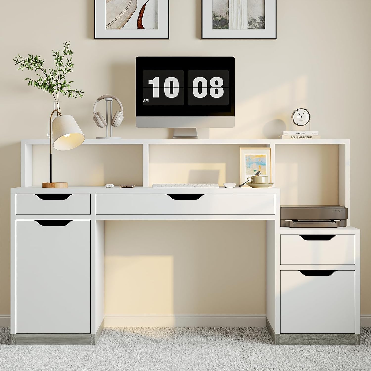 MaverickFurni Computer Desk with 4 Drawer & Storage Shelves, 58' White Office Desk with File Drawer & Cabinet, Small Study Desk with Monitor Stand & Printer Shelf for Bedroom, Small Spaces, White