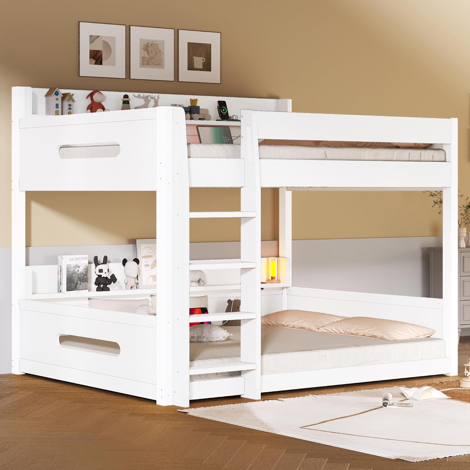 Queen Over Queen Bunk Bed with Storage Shelves and USB Ports,Solid Pine Wood Space-Saving Design for Kids/Adults (White-Q)