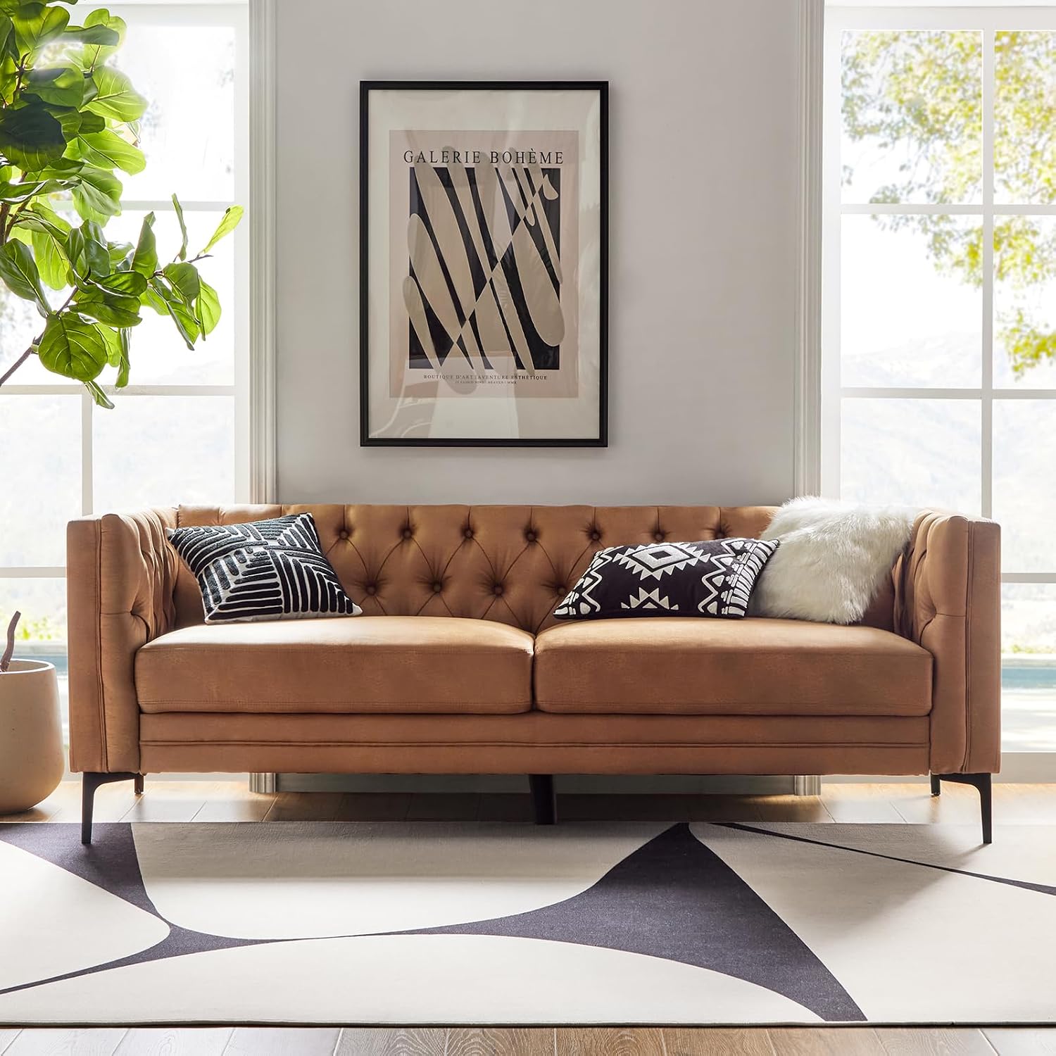 HULALA HOME 84' W Faux Leather Sofa Couch with Metal Legs, Button-Tufted 3-Seater Sofa, Mid Century Modern Upholstered Couch for Living Room, Entertainment Area, Apartment,Camel