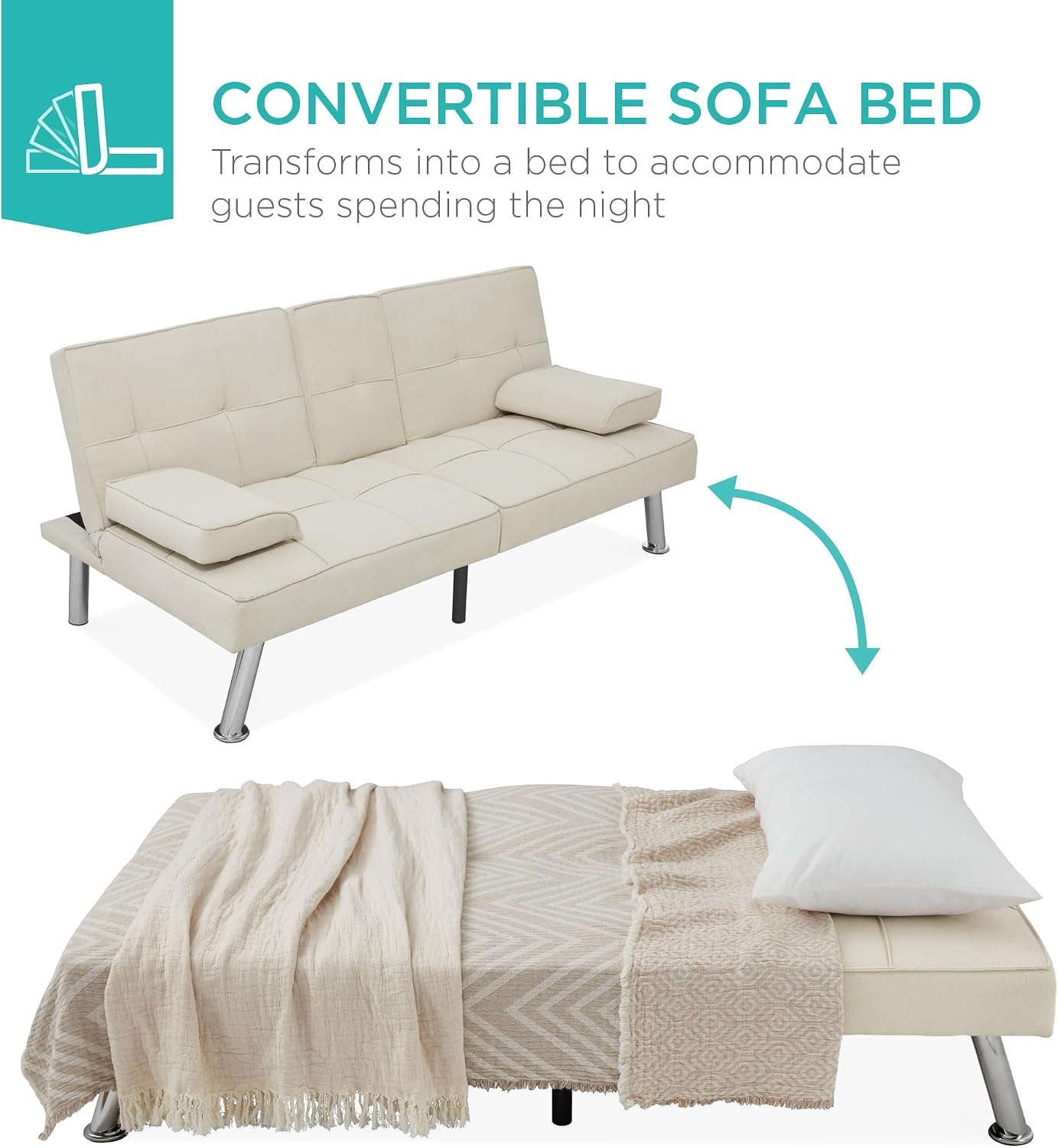 Best Choice Products Linen Modern Folding Futon, Reclining Sofa Bed for Apartment, Dorm w/Removable Armrests, 2 Cupholders - Ivory