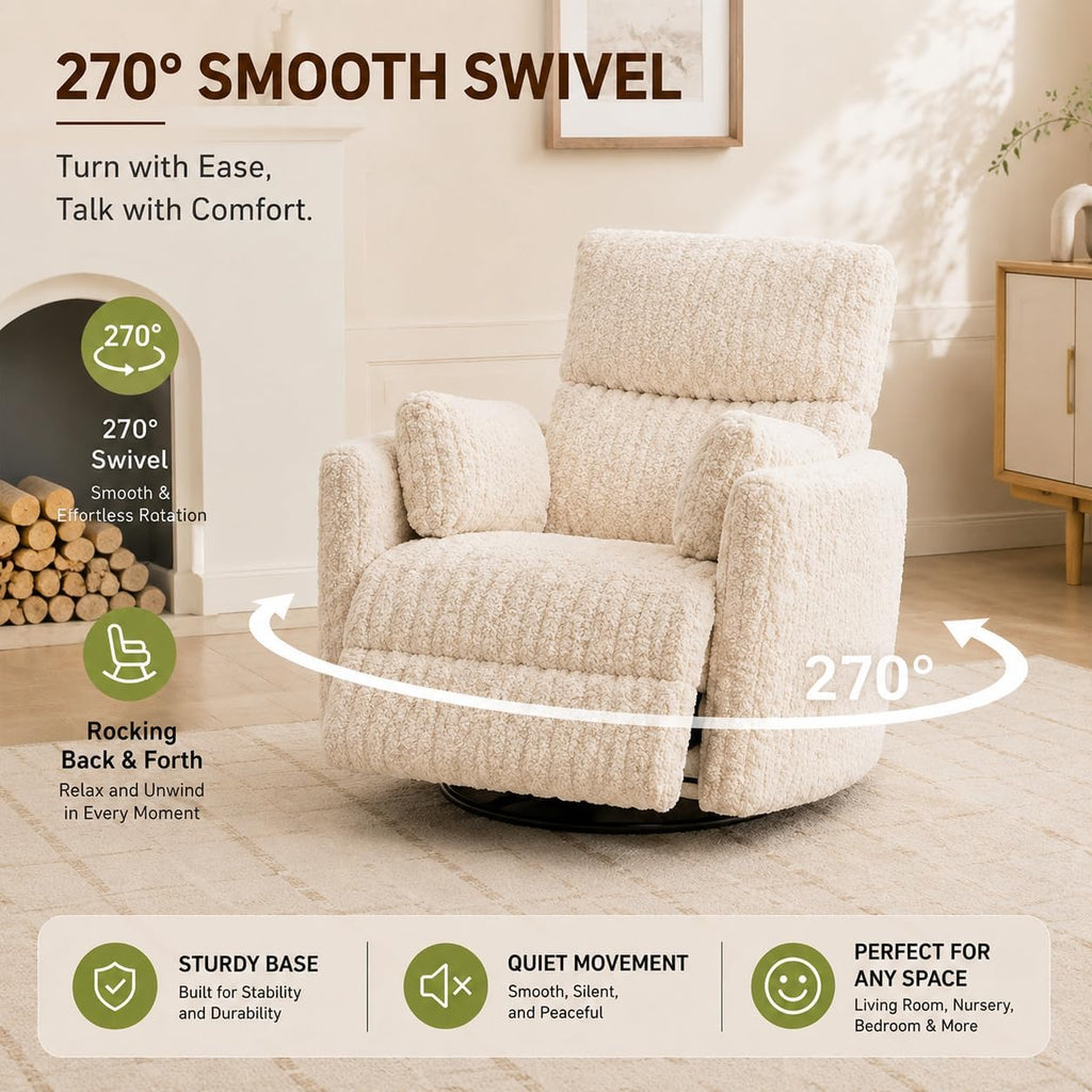 Nursery Rocking Chair, Boucle Upholstery Recliner with 2 Pillow, Swivel Glider Reclinerr, Power Reclining Sofa Chair for Living Room/Office/Apartment/Off-White