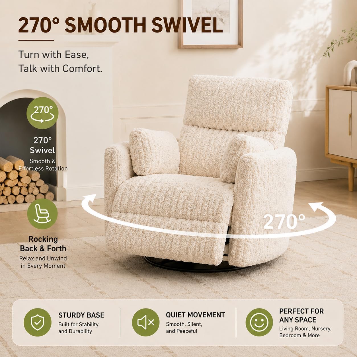 Nursery Rocking Chair, Boucle Upholstery Recliner with 2 Pillow, Swivel Glider Reclinerr, Power Reclining Sofa Chair for Living Room/Office/Apartment/Off-White