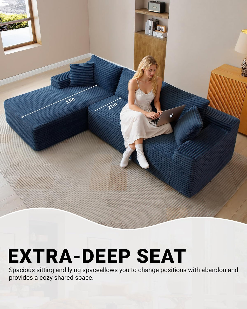 108' Cloud Sectional Couch,Modern Modular Sectional Sofa with Deep Seat,Corduroy Boneless Couches with L-Shape Chaise for Living Room,No Assembly Required (Blue, Left Facing Chaise)
