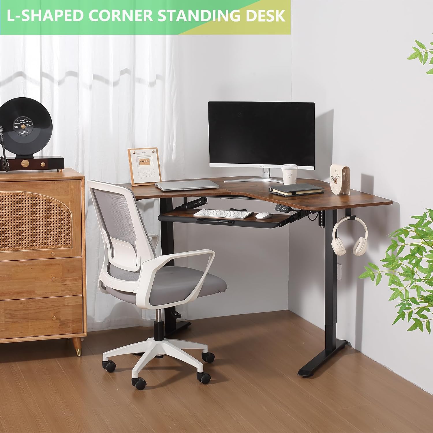 ETHU Electric L-Shape Standing Desk with Keyboard Tray, Height Adjustable 29-42 inches, Modern Style, Brown, For Home Office, Gaming, Work