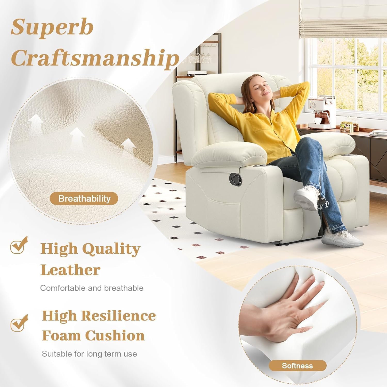 FURNIMAT Recliner Chair, Oversized Manual Reclining Chair for Adults, Single Reclining Sofa with Cup Holder & Pocket, Lounge Recliner for Living Room Home Theater Seating RV Chairs