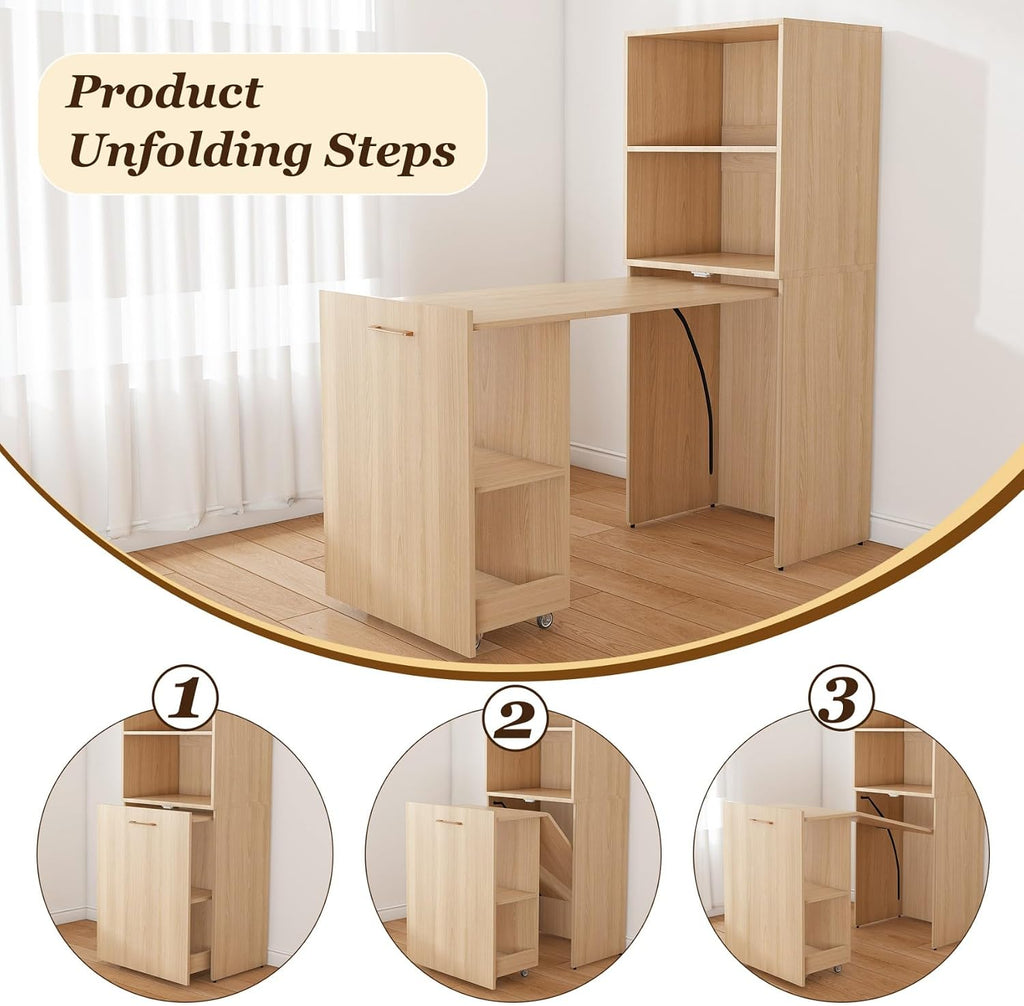 KEIKI Home Office Stretchable Desks with Storage Shelves and Mobile Wheels, Modern Wood Foldable Desk Gaming Computer Corner Table for Apartments Work, Study, Writing, Natural