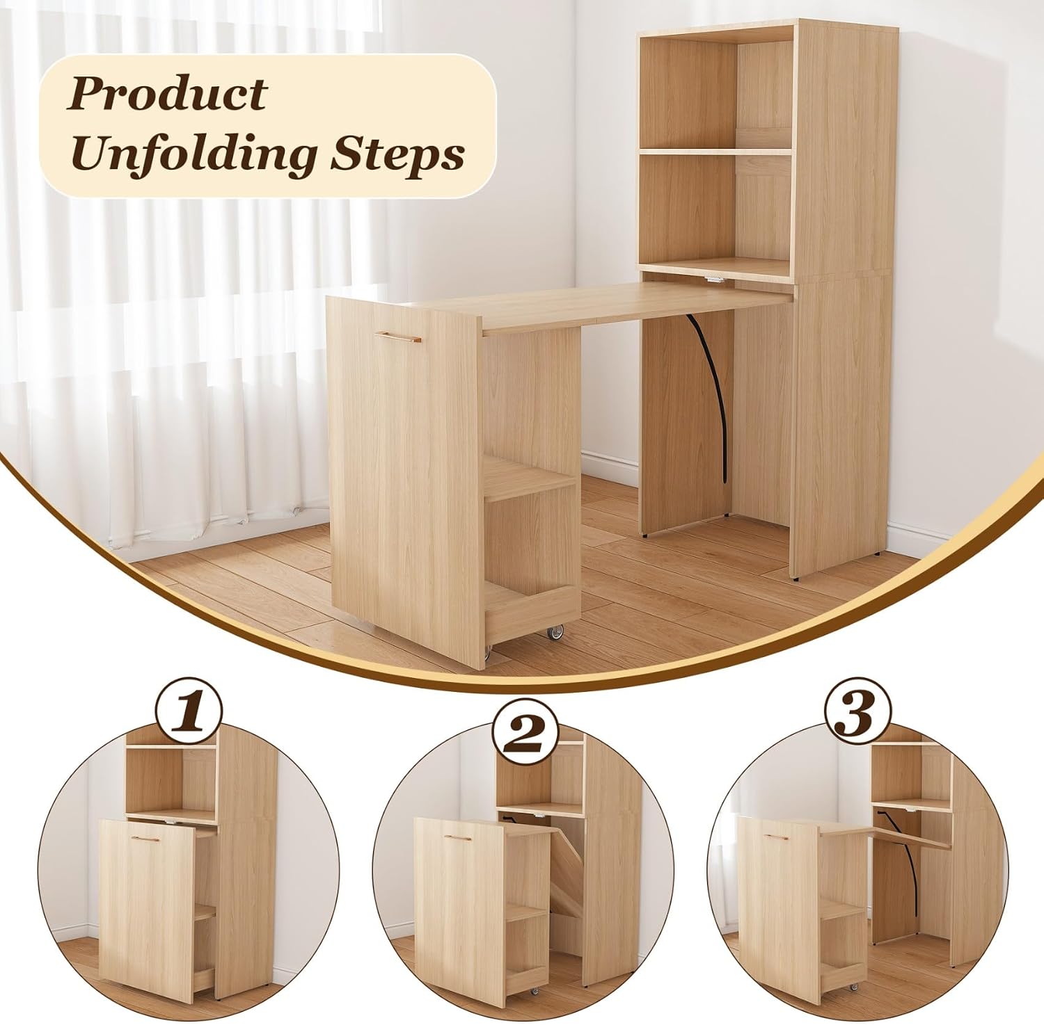 KEIKI Home Office Stretchable Desks with Storage Shelves and Mobile Wheels, Modern Wood Foldable Desk Gaming Computer Corner Table for Apartments Work, Study, Writing, Natural