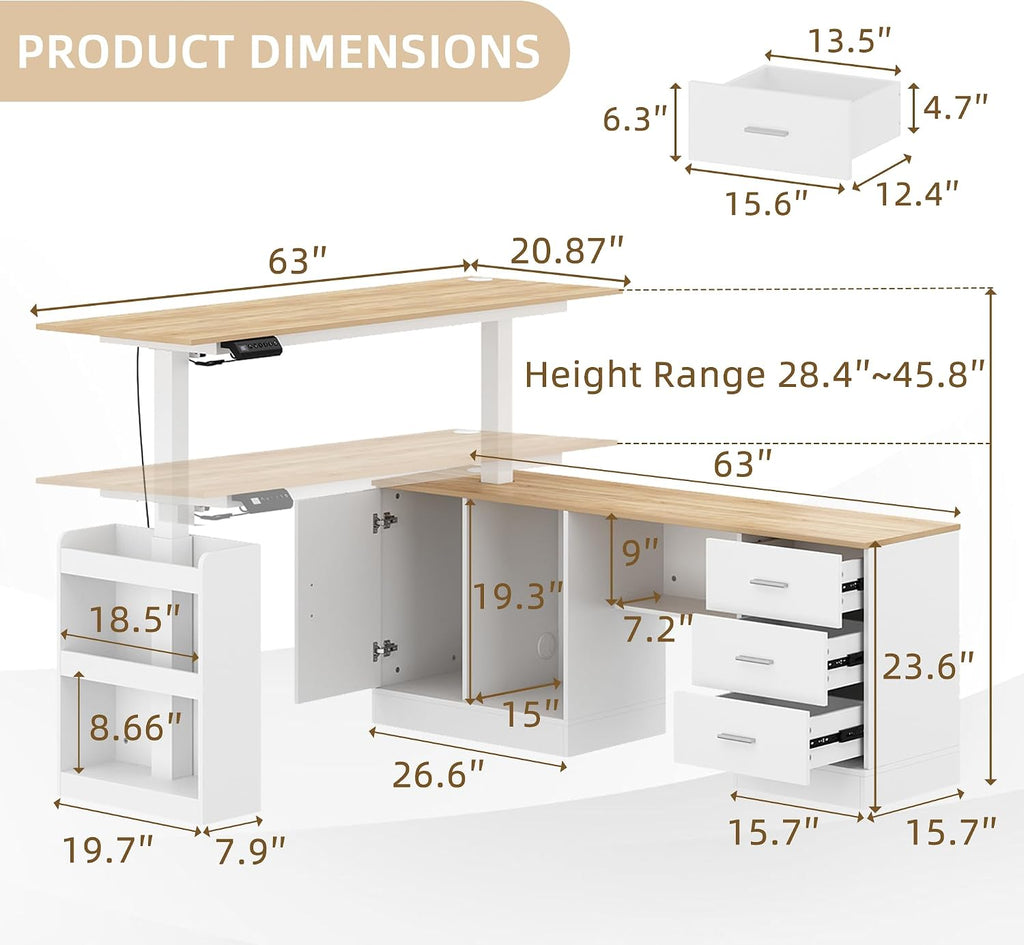 63' W Height Adjustable Standing Desk with Drawers & Cabinet, Electric Stand up Desk with Storage, L Shaped Home Office Table Corner Computer Workstation, White & Oak (28.4'-45.8' H)