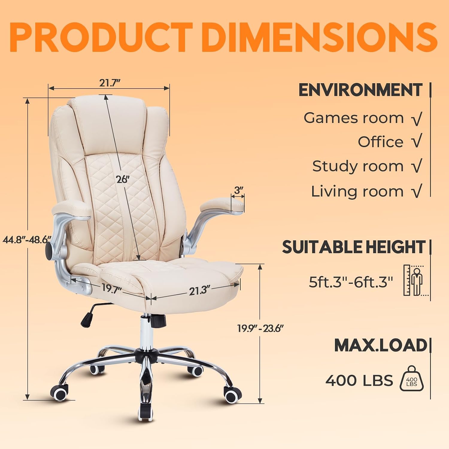 400lbs Executive Office Chair with Flip-Up Armrests, Big and Tall Computer Chair for Heavy People, Heavy Duty Ergonomic Comfy Chair, Breathable PU Leather (Cream)
