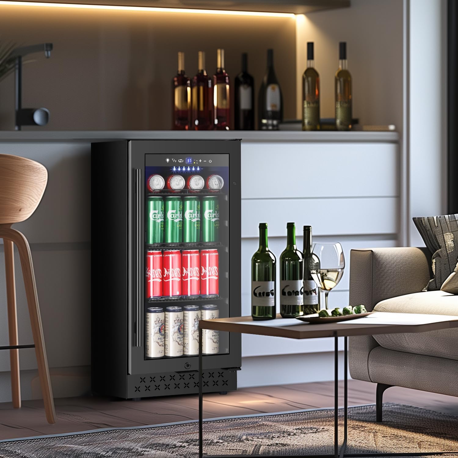 Tylza 15 Inch Beverage Refrigerator, Under Counter/Freestanding Drink Fridge, 130 Cans Beverage Cooler with Glass Door, Reversible Door, Low Noise, Quick Cooling - for Beer, Soda, ETC, Black