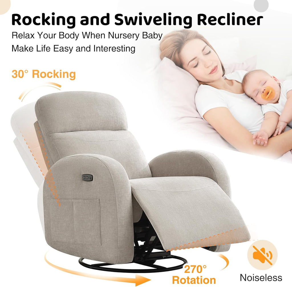 Nursery Glider Recliner, Power Swivel Rocking Recliner with USB & Type-C Port, Swivel Nursering Reclining Rocker with Double Pockets for Living Room, Camel Chenille