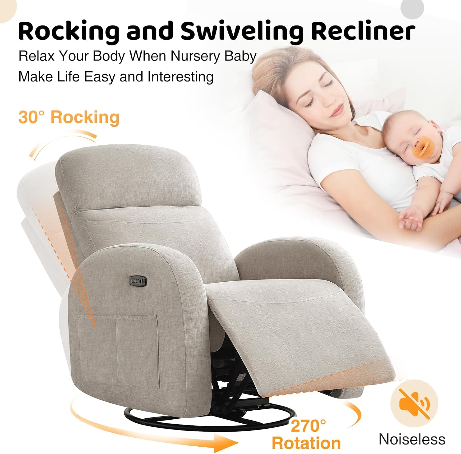 Nursery Glider Recliner, Power Swivel Rocking Recliner with USB & Type-C Port, Swivel Nursering Reclining Rocker with Double Pockets for Living Room, Camel Chenille