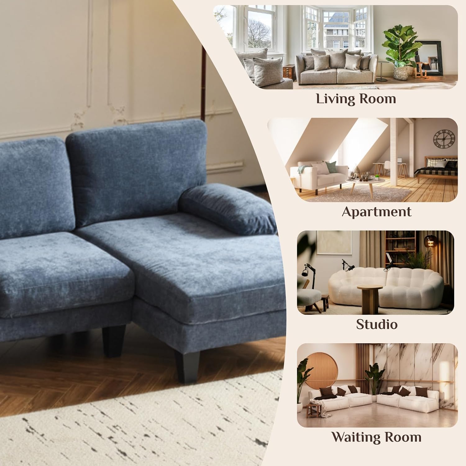 Karl home 111' Sectional Sofa U-Shaped 4-Seat Couch with Chaises Wood Grian Legs Chenille Fabric Upholstered for Living Room, Apartment, Office, Navy Blue