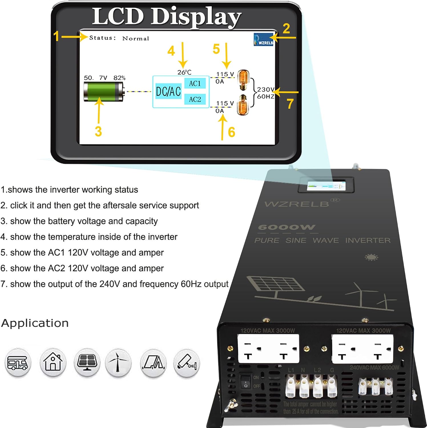 WZRELB 6000W Split Phase Pure Sine Wave Inverter, 48V DC to 120V/240V AC, 4 AC Outlets, Hardwire Terminal, High Efficiency up to 91.6%