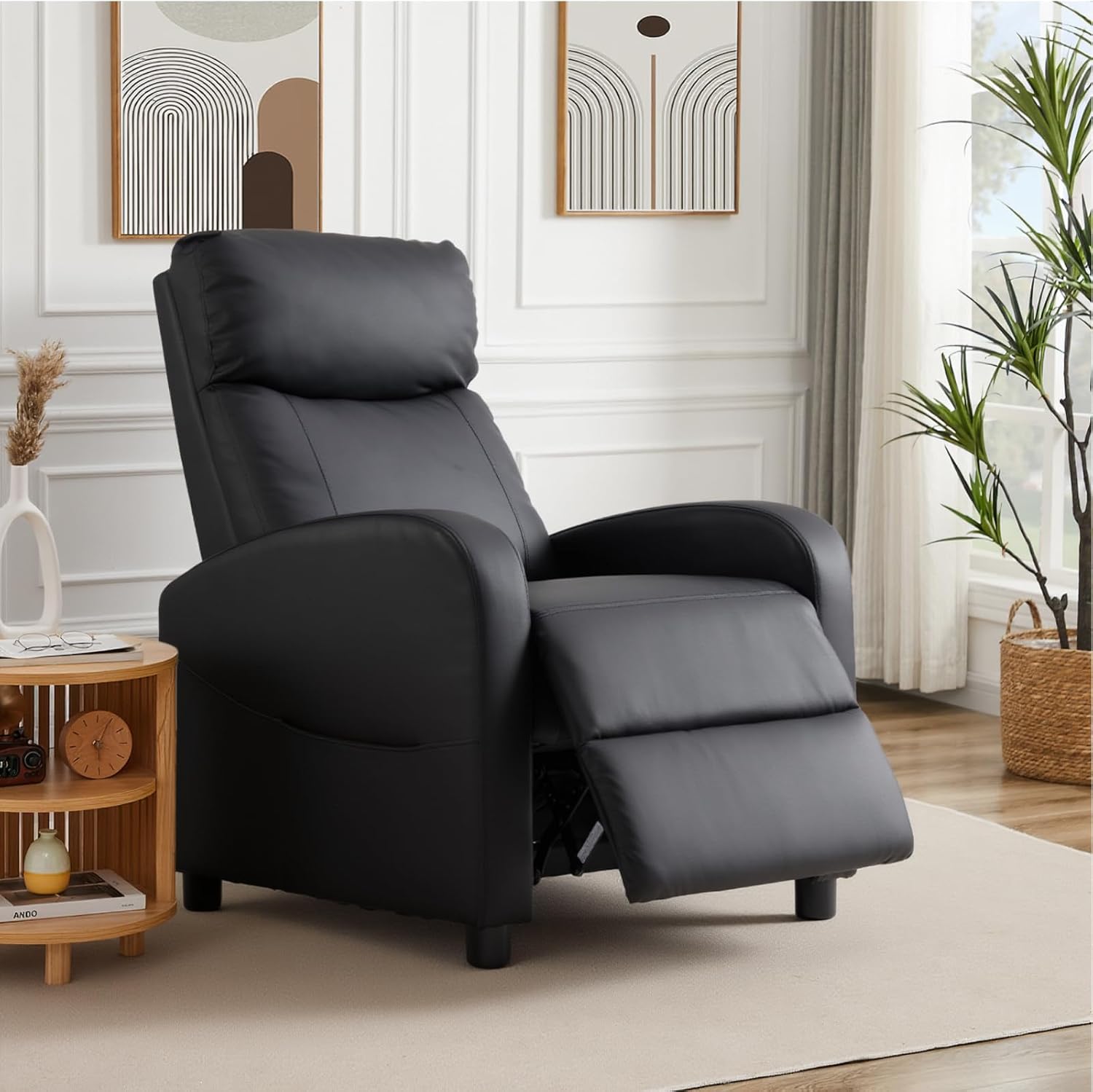 Sweetcrispy Recliner Chair PU Leather Recliner Sofa No Massage, Home Theater Seating with Lumbar Support, Adjustable Push Back Overstuffed High-Density Sponge Reclining for Living Room, Black