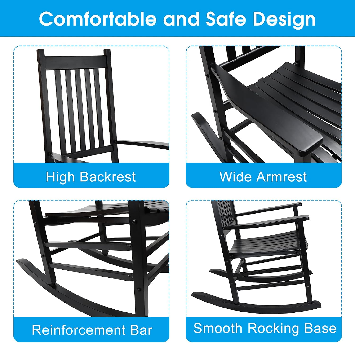 GnL Recsports Patio Rocking Chair, Outdoor Rocking Chair, Wood Porch Rocker, Wooden Rocking Chair for Adult for Garden, Lawn, Balcony, Backyard and Patio (2 Black)