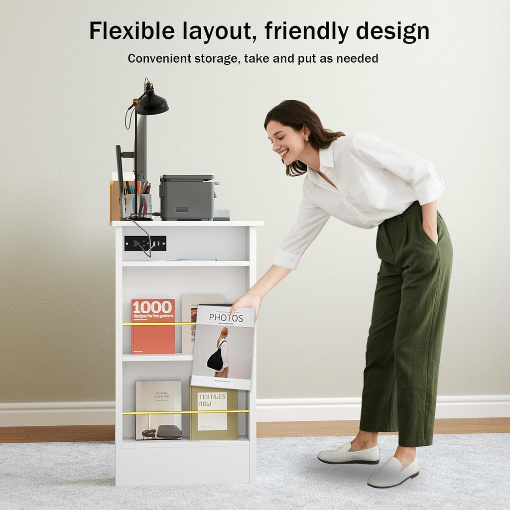 4 EVER WINNER White Desk with Drawers, 48 Inch Small Desks with Power Outlet and Side Shelf, Wood Computer Desk with Storage for Small Spaces, Study, Bedroom, White and Gold