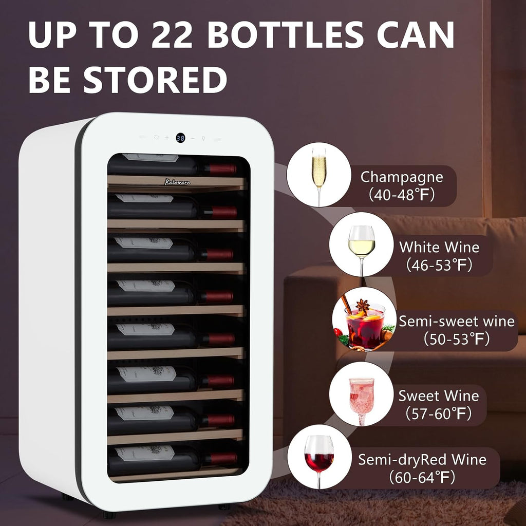 Kalamera Mini Fridge Wine Cooler, 22 Bottle Compressor Freestanding Wine Refrigerator - Single Zone with full Glass Door for Home, Office, Bar, 38°F to 59°F, Drink Fridge