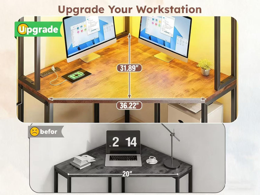 DurayLoly 35.4' W x 63' H Corner Desk with Hutch & LED Lights, Triangle Corner Desk and Computer Desk with Drawers for Storage & Shelves and Hook, Office Desk for Bedroom Small Space, Rustic Brown