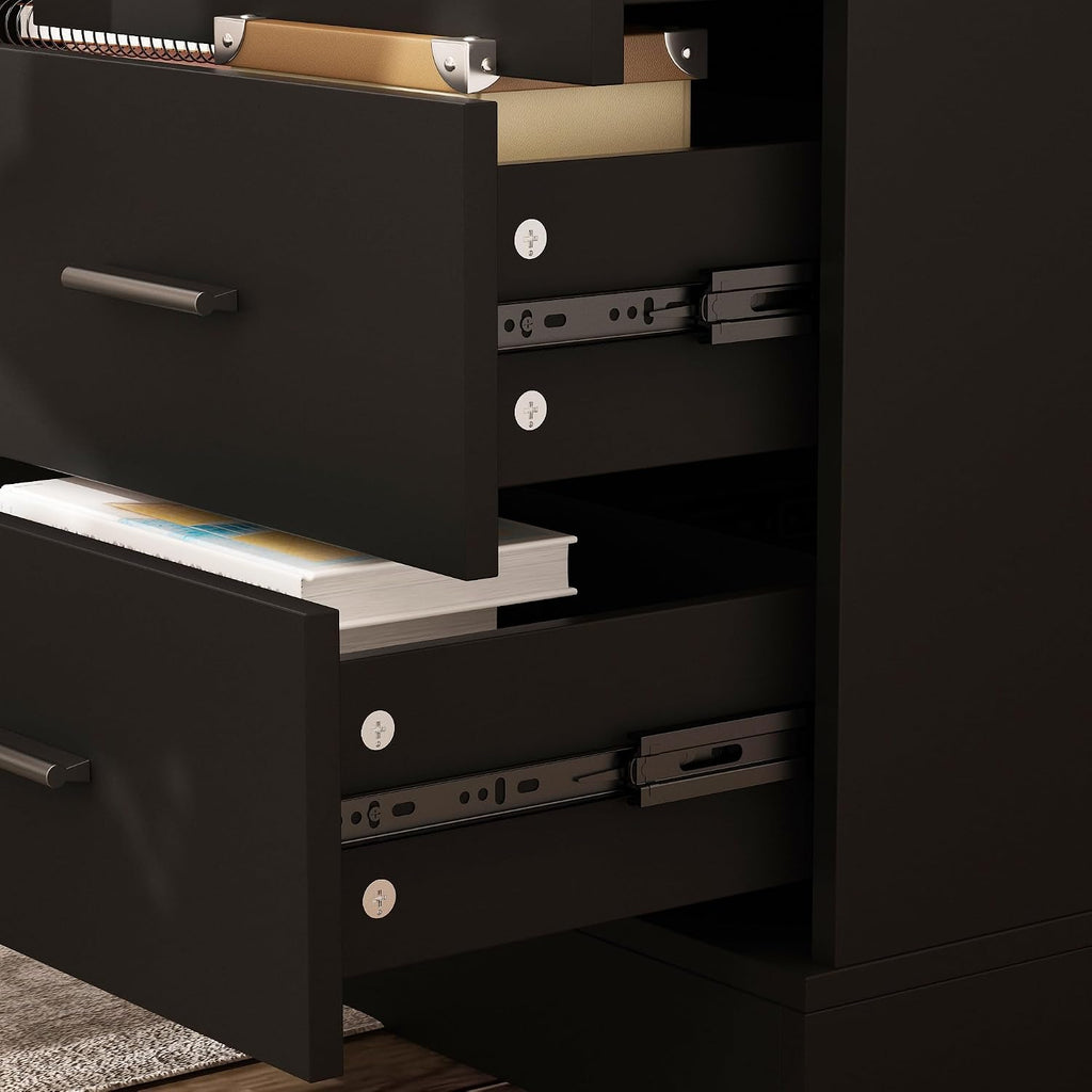 63' W Height Adjustable Standing Desk with Drawers & Cabinet, Electric Stand up Desk with Storage, L Shaped Home Office Table Corner Computer Workstation, Black & Brown (28.4'-45.8' H)