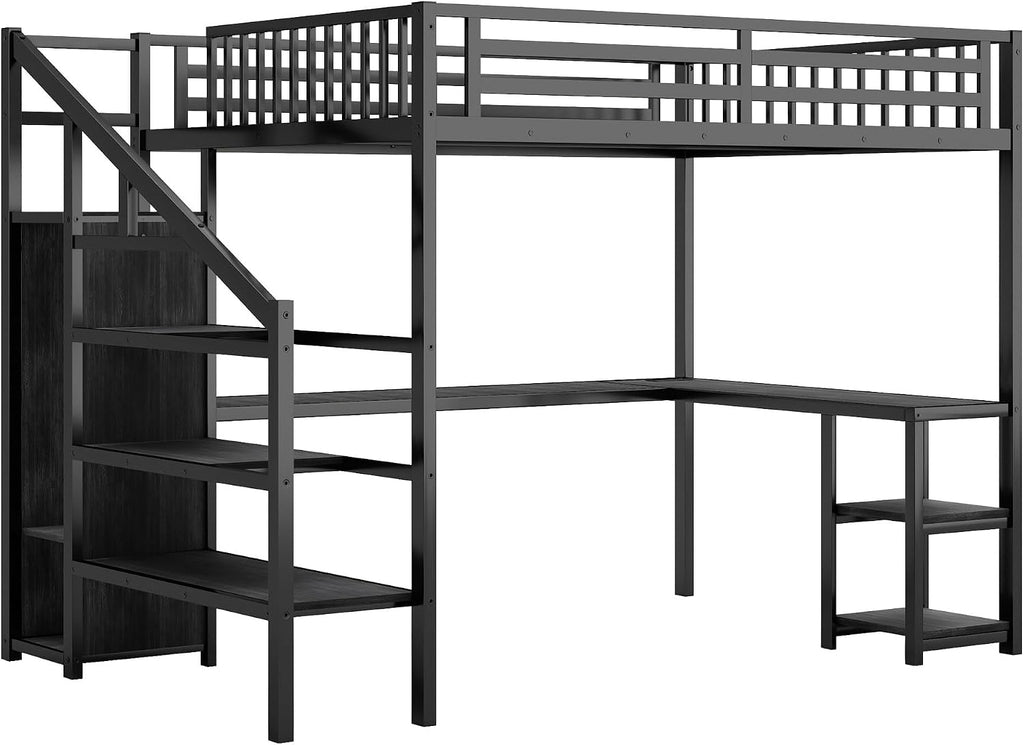 Queen Size Loft Bed with Desk and Stairs, Gaming Loft Bed with RGB LED Light and Storage, Heavy-Duty Metal Loft Beds Frame with Wardrobe, Shelves and Charging Station for Adults Kids Teens, Black