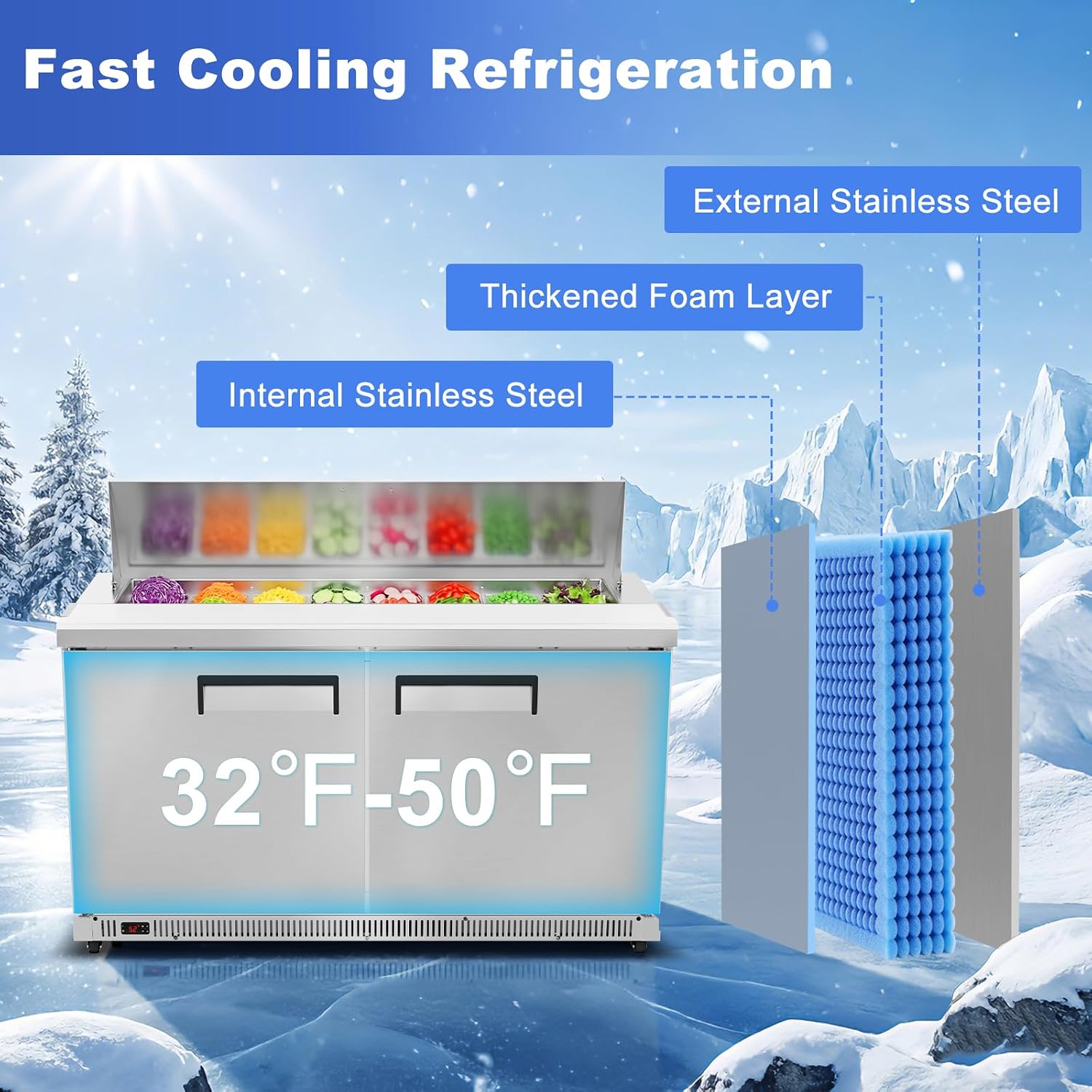 Tylza 60' Commercial Refrigerator, 16.3 Cu.Ft Sandwich Pizza Prep Table, Mega Top Worktop Fridge w/ 16 Pans & Cutting Board, 2-Door Stainless Steel Salad Prep Cooler for Restaurant & Food Truck