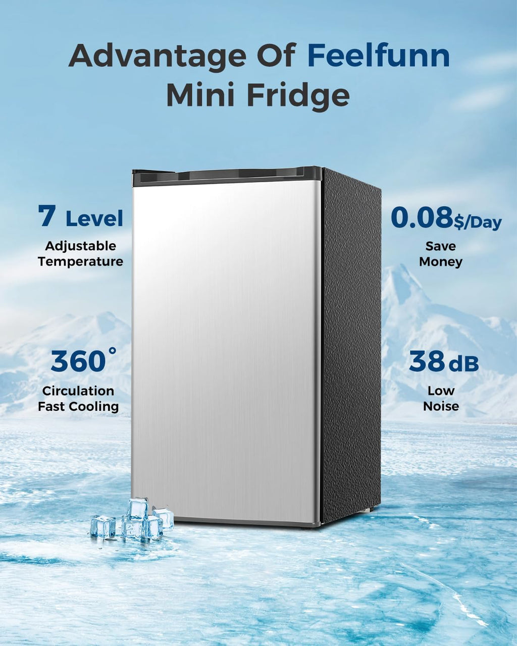 Feelfunn Mini Fridge with Freezer - 3.2 Cu.Ft Single Door Mini Refrigerator with Adjustable Thermostat, Energy Saving, Low Noise, Small Fridge for Bedroom, Office, Dorm, Apartment, Classroom - Silver