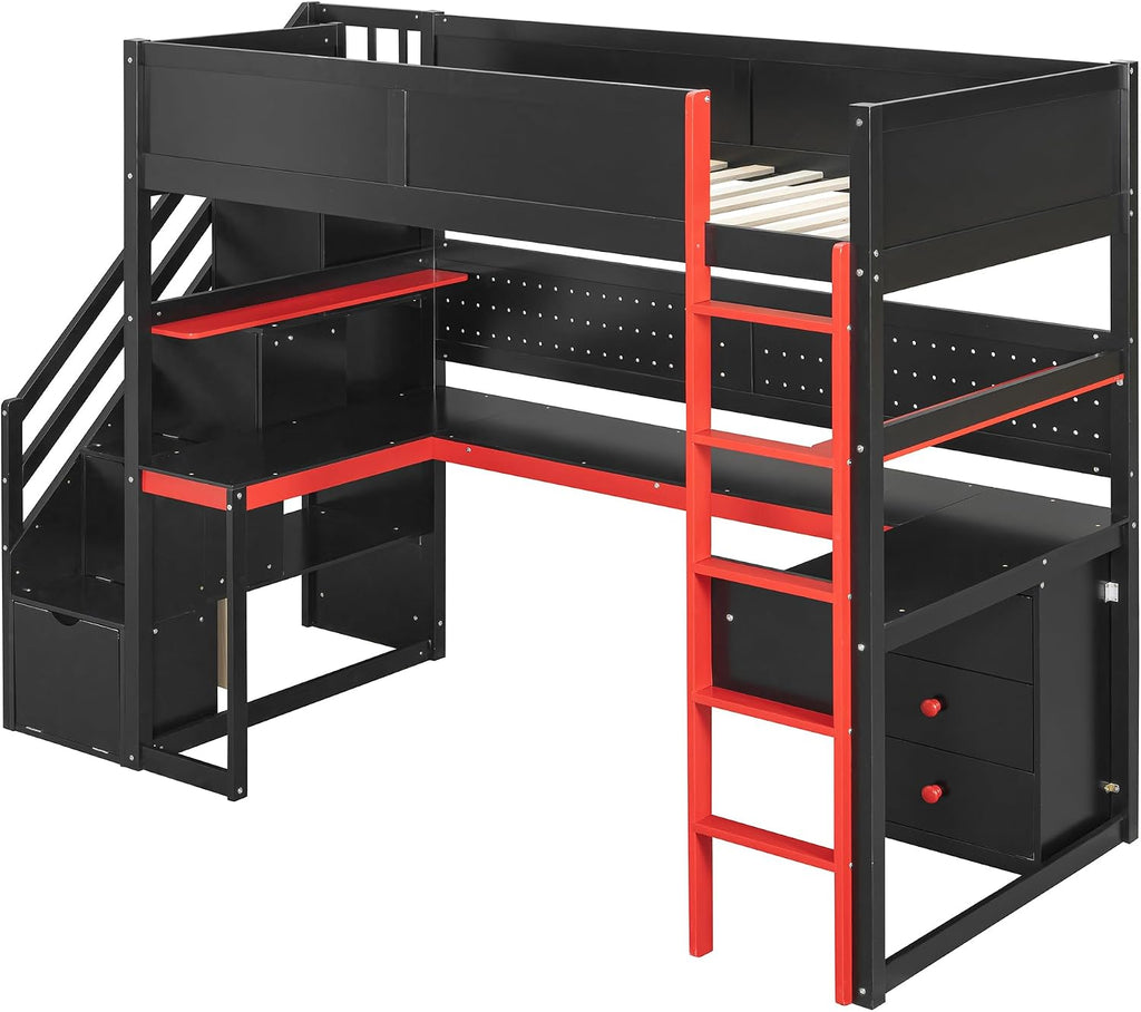 Merax Wooden Gaming Loft Bed with Storage Stairs, Desk, Shelves & Pegboard, Twin Size, Black+Red