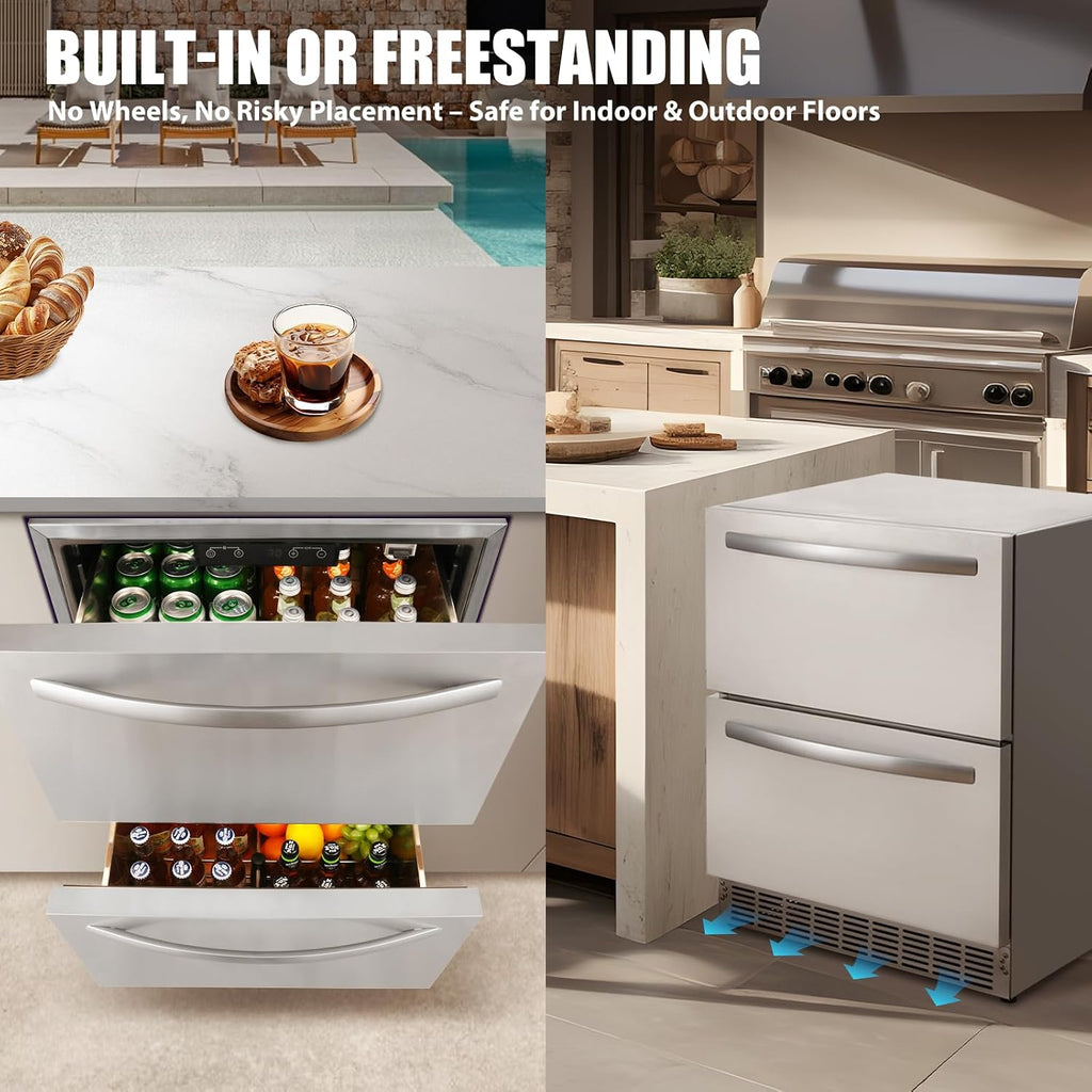 HCK 24 Inch Under Counter Double Drawer Fridge, Stainless Steel Outdoor Beverage Refrigerator for Patio, Built-in Beverage Fridge for Home & Commercial Use