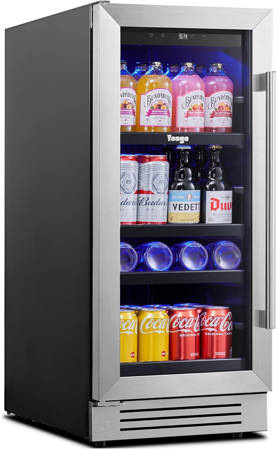 Yeego 15 Inch Beverage Refrigerator, Beverage Cooler Stainless Steel Refrigerator Built-in or Freestanding, Small Wine Fridge with Glass Door, Drink Fridge for Beer, Soda, Wine (Left-Hinged)