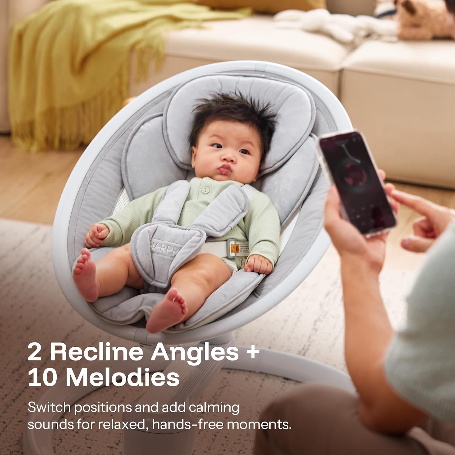 HARPPA Weddell Plus Electric Baby Swings for Infants and Newborns, Eye-Level Baby Swing 5 Speeds and Remote Control 10 Built-in Melodies, 2 Seat Positions & 180° Rotation for Indoor Use, Light Gray