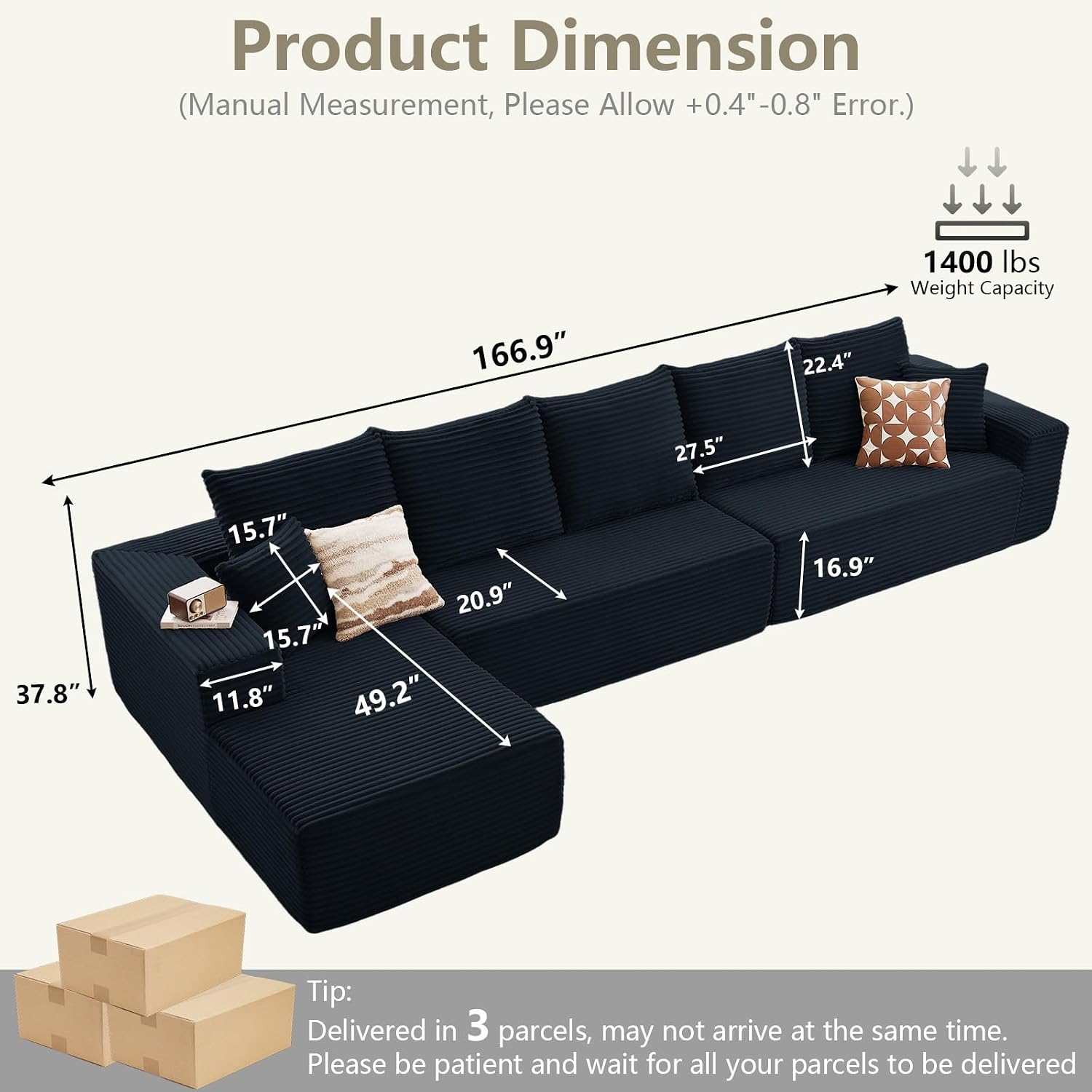 166.9' Cloud Sectional Couch with L-Shape Chaise, Modern Modular Comfy Sofa Chaise Longue, Upholstered Corduroy Couches Sleeper with Deep Seat for Living Room Bedroom, No Assembly Required, Black