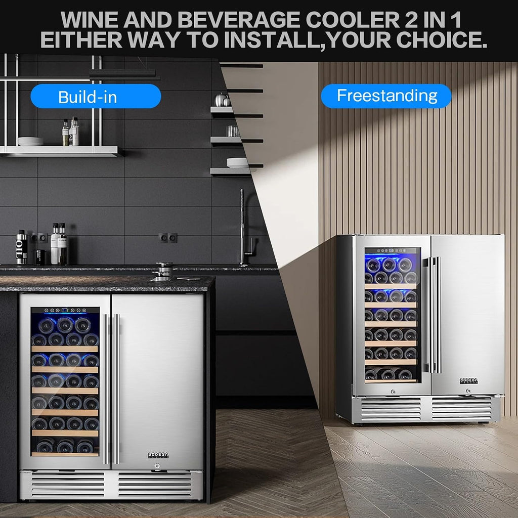 BODEGA 30 Inch Wine and Beverage Refrigerator Free Standing. Dual Zone Stainless Steel Wine Fridge under Counter, Drink Cooler for Beer, Soda, Champagne, Holds 110 Cans and 31 Bottles, Silver