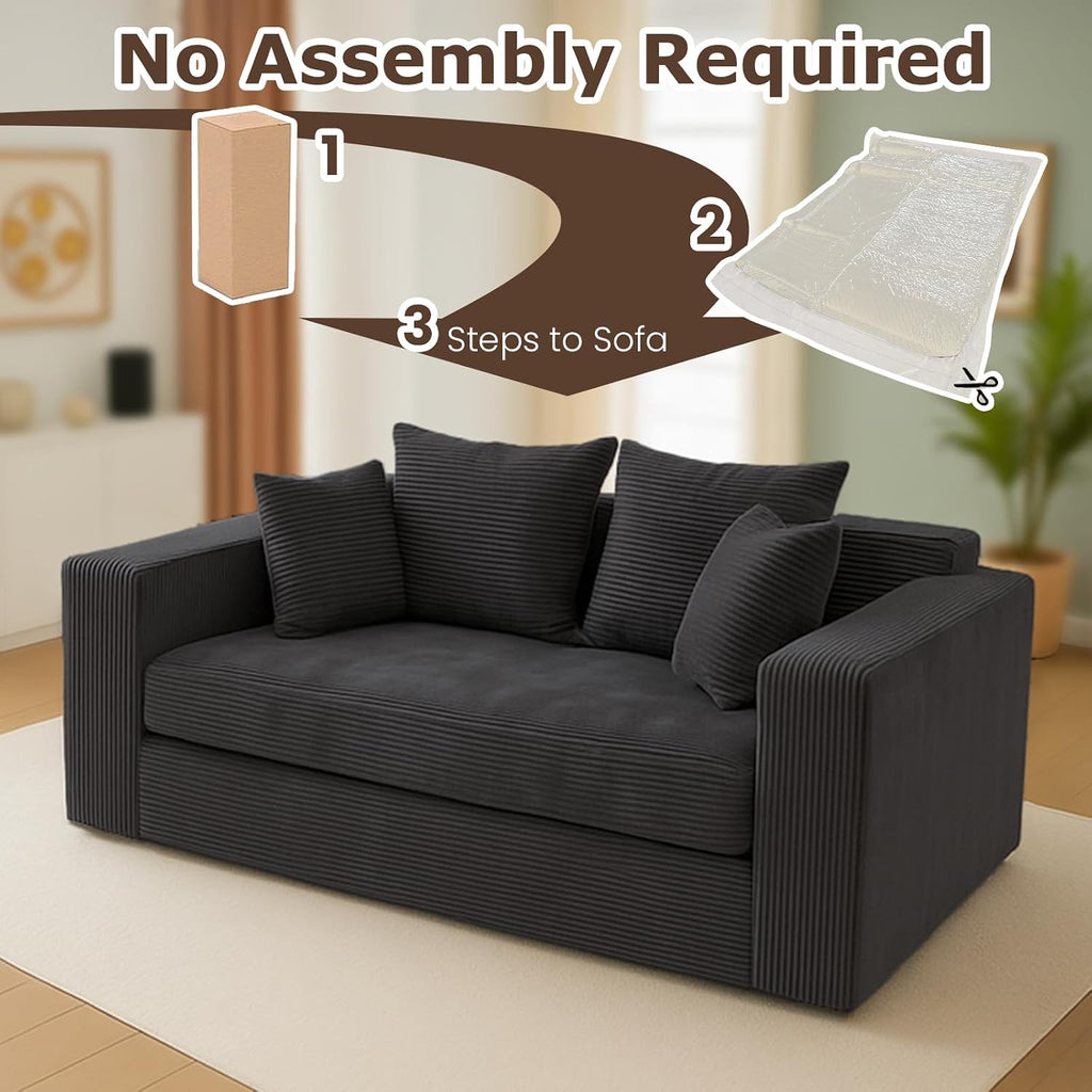 cidludto Convertible Sofa Bed, Boneless Loveseat Folding Couch Bed Foldable - 3 in 1 Small Ccouch & Futon Sofa Sleeper, Corduroy Pull Out Couch with 4 Pillows for Living Room, Black