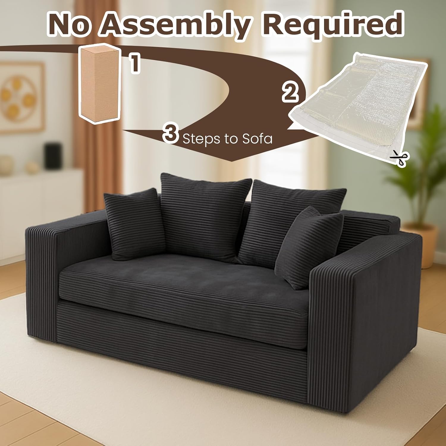 cidludto Convertible Sofa Bed, Boneless Loveseat Folding Couch Bed Foldable - 3 in 1 Small Ccouch & Futon Sofa Sleeper, Corduroy Pull Out Couch with 4 Pillows for Living Room, Black