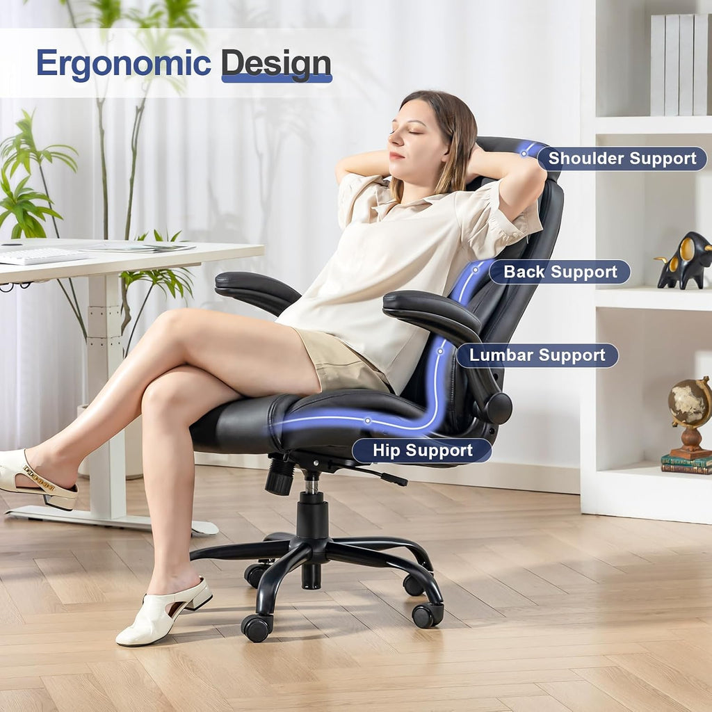 Brage Living 400LBS Big and Tall Office Chair, Heavy Duty Leather Executive Desk Chair with Padded Flip-up Arms, Swivel Rolling Computer Chair for Home Office, Black