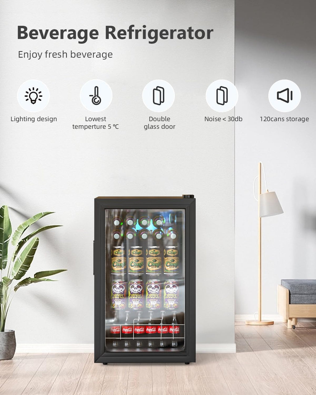 Geekman Beverage Refrigerator Cooler, 120 Cans Freestanding Beverage Fridge with Double-layer Glass Door， Mini Fridge Beverage with Adjustable Removable Shelving, Perfect for Beer, Wine, Soda and more